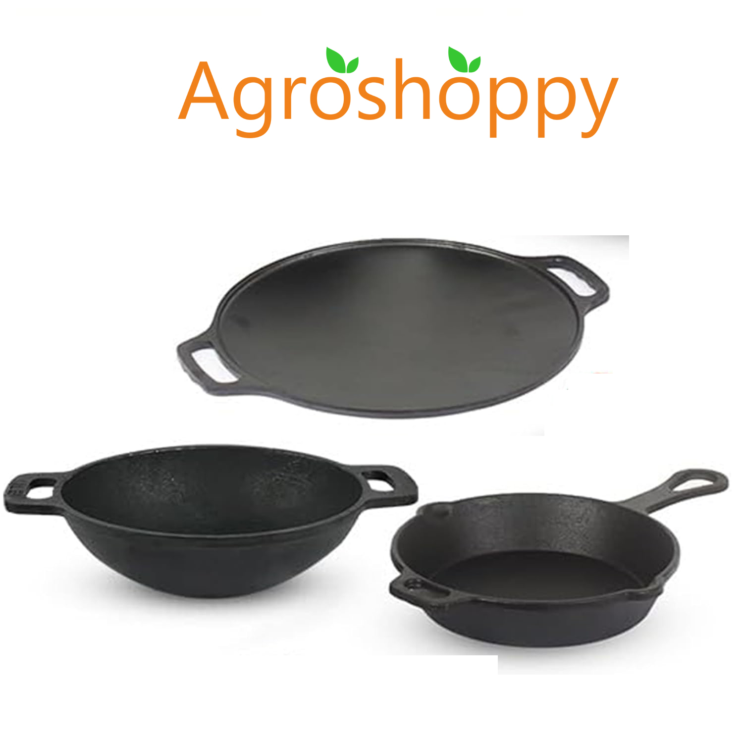 Cast Iron Combo Set: 10-Inch Kadai + 12-Inch Dosa Tawa + 10-Inch Fry Pan